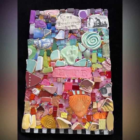 Handmade Mosaic Art” Enchanted Life”Polymer Clay Original On Wood 12”x 8” - Picture 3 of 10